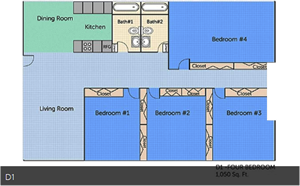 D1 - Four Bedroom / 2 Bath - 1,050 Sq. Ft.*